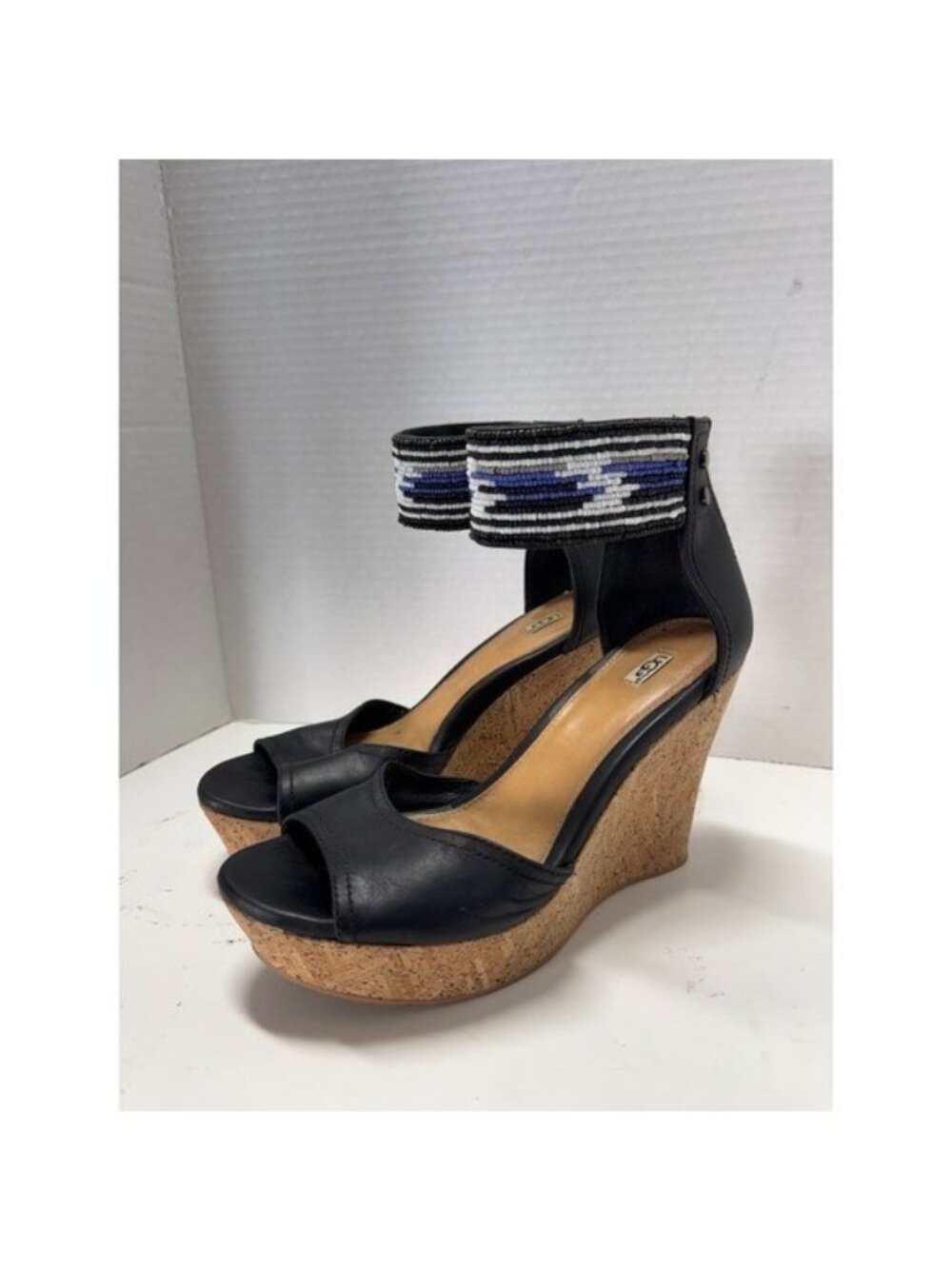 UGG Lucianna Black Leather Beaded Ankle Strap Cork Wedge Sandals 1010183 Size 7